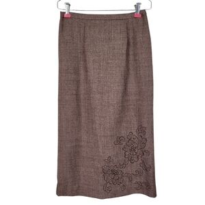 Sag Harbor Maxi Skirt Size 4P Brown Herringbone Embroidered Flowers Back Zip